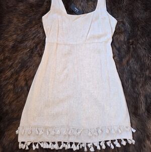 Lulus Feel The Sunshine Light Beige Linen Tassel Mini Dress